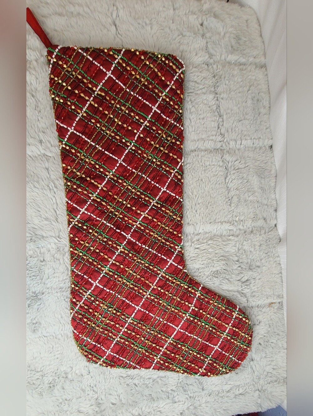 Max Studio Luxury Gold White Green Red 20" Beaded Christmas Stocking
